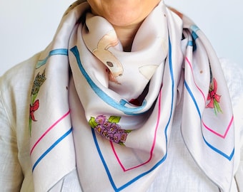 36”x36” Easter bunnies exclusive print silk square, 100% silk charmeuse 90x90 cm silk scarf, lilac and pink cute print head scarf