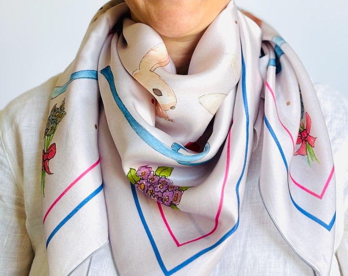 36”x36” Easter bunnies exclusive print silk square, 100% silk charmeuse 90x90 cm silk scarf, lilac and pink cute print head scarf