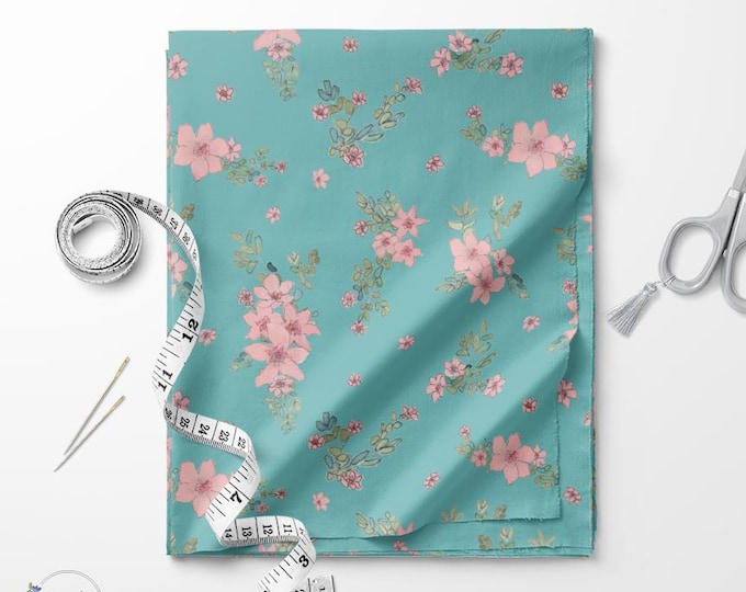 Pink and teal Dasiphora flower print fabric / Exclusive print / Floral print / Cotton quilting fabric by the yard