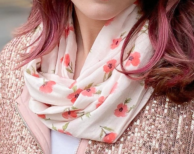 Bamboo gauze Poppies exclusive print infinity scarf, soft and comfortable pink and red circle scarf, original loop scarf