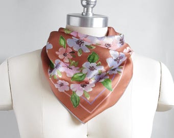 26 in / Mocha pansies print small silk scarf / 26-inch silk square / 100% silk charmeuse scarf