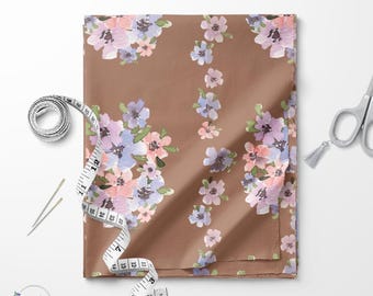 Mocha pansy clusters flowers print fabric / Exclusive print / Floral print / Cotton quilting fabric by the yard