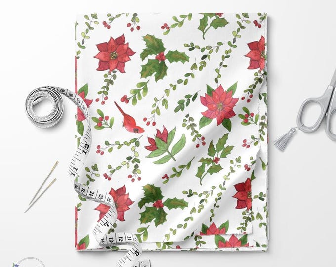 Poinsettia and Mistletoes print fabric / Fat quarter / Exclusive print / Xmas print / Cotton quilting fabric by the yard