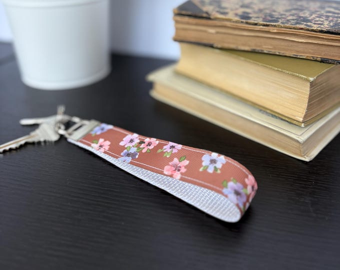 Mocha pansies key fob / Brown floral key wristlet holder / Light brown flower key chain