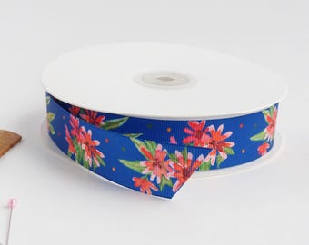 Navy and red wildflowers 1" grosgrain ribbon by the yard/  Blue and red ribbon / Floral grosgrain ribbon by the yard