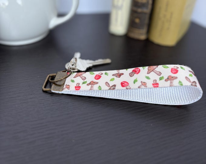 Tiny mushrooms key fob / Mushroom lover key wristlet holder / Brown and red key chain