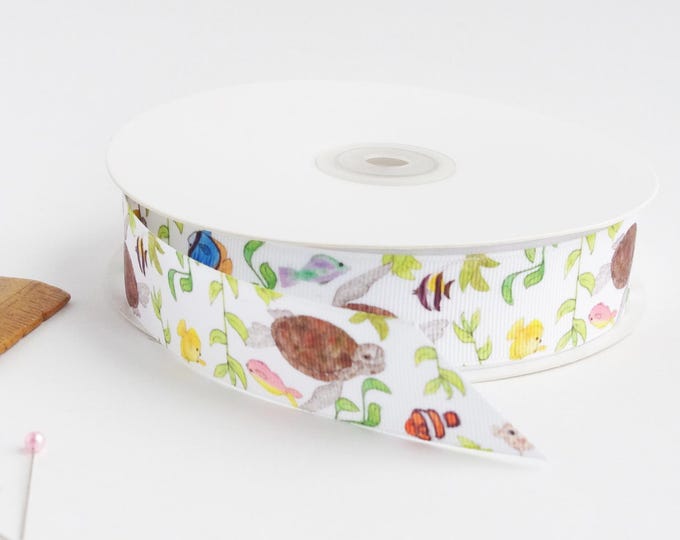 Maui marine life 1" grosgrain ribbon by the yard/ Sea turtle lover ribbon / Fish print grosgrain ribbon by the yard