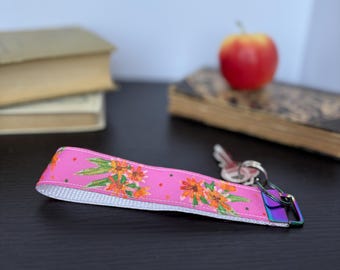 Purple and orange wildflowers key fob / Red flower key wristlet holder / Fushia floral key chain