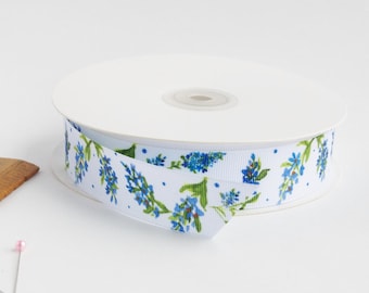 Lilac 1" grosgrain ribbon by the yard/  Blue lilac ribbon / Floral grosgrain ribbon by the yard