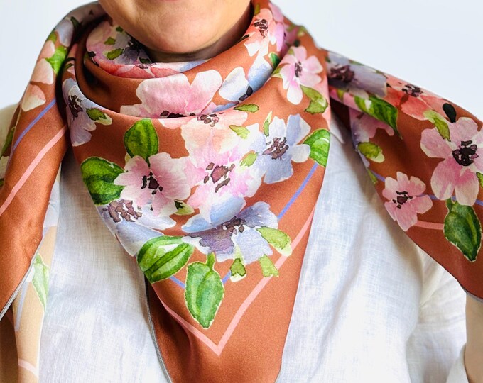 36”x36” Mocha pansies exclusive print silk square, 100% silk charmeuse 90x90 cm silk scarf, brown and pink cute print head scarf