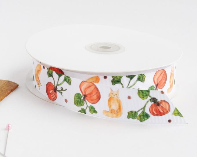 Pumpkins and Cats 1" grosgrain ribbon by the yard/  Orange cat ribbon / Halloween grosgrain ribbon by the yard