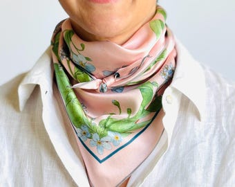 26”x26” Forget-me-nots exclusive print silk square, 100% silk charmeuse 66x66 cm silk scarf, pink and blue cute print head scarf