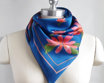36 in / Navy and red wildflowers print large silk scarf / 36-inch silk square / 100% silk charmeuse scarf