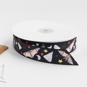 Halloween Ripsband 2,5 cm, Fledermäuse und Geister Schleifenband / Halloween Ripsband Futter