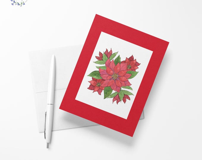 Poinsettia flowers blank inside greeting card, 4.13" x 5.83" - A6 size, watercolor stationary, exclusive Holiday print, limited quantities