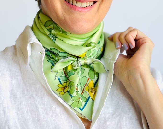 26”x26” Lime cream dasiphora exclusive print silk square, 100% silk charmeuse 66x66 cm silk scarf, green and yellow cute print head scarf