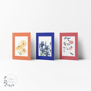 Blaue Iris 6er-Pack Grußkarten, Grußkarten in 3 verschiedenen Farben: Iris versicolore, Ringelblume, Chrysanthenum