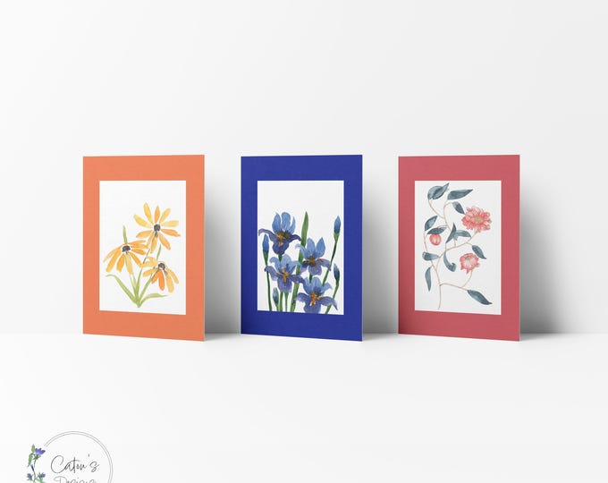Blue iris 6-pack blank inside greeting cards, watercolor stationary, 3 different patterns: Iris versicolore, Marigold, Chrysanthenum