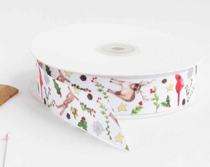 Holiday animals 1" grosgrain ribbon by the yard/  Xmas ribbon / Holidays grosgrain ribbon by the yard
