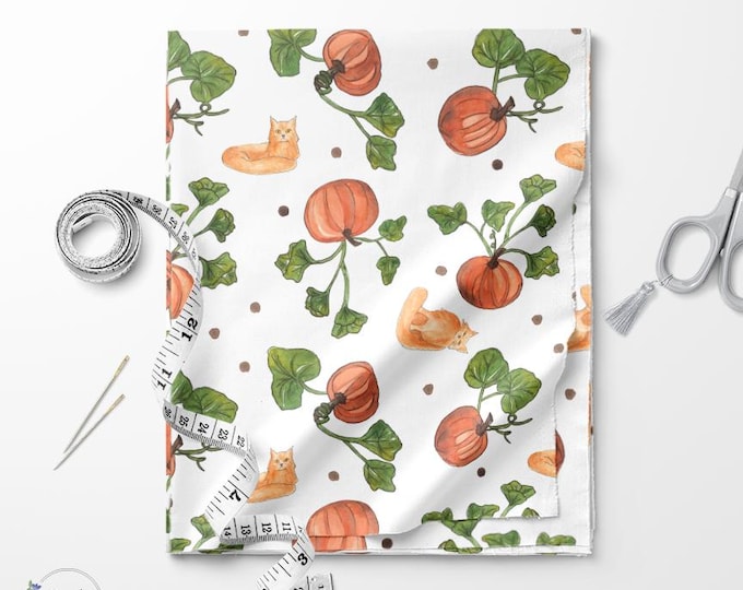 Pumpkins print fabric / Fat quarter / Exclusive print / Cats print / Cotton quilting fabric by the yard