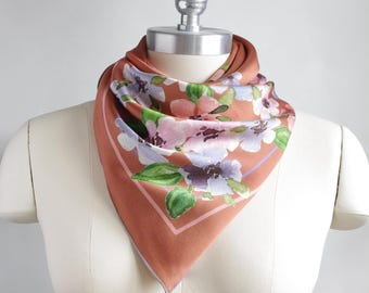 36 in / Mocha pansies print large silk scarf / 36-inch silk square / 100% silk charmeuse scarf
