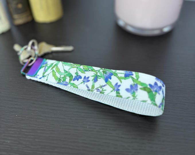 Lobelia key fob / Blue floral key wristlet holder / Blue flower key chain