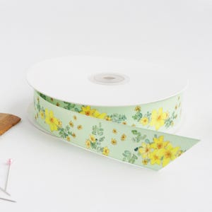 Floral Grosgrain Ribbon: Yellow Dasiphora Flowers, Lime Green 1&quot; Ribbon