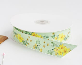 Yellow and lime cream Dasiphora 1" grosgrain ribbon by the yard/ Yellow and lime green ribbon / Floral grosgrain ribbon by the yard