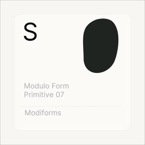 May include: A white card with a black 'S' and a black, oval-shaped design. The text on the card reads 'Modulo Form Primitive 07' and 'Modiforms'.