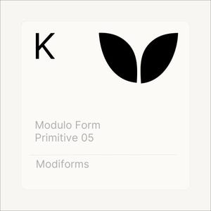 May include: A white card with a black "K" and a stylized black leaf design. The text "Modulo Form Primitive 05" and "Modiforms" are also present on the card.