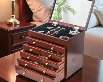 Wooden Jewelry Box Large Organizer with 5 Drawers 6 Layer Storage Case