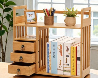 Wooden Desktop Storage Rack Bookshelf Organizer with Drawers