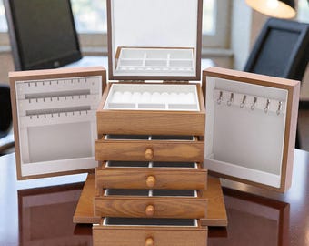 Wooden Jewelry Organizer Box: 5-Tier Storage with Mirror