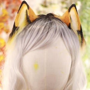 Peut inclure: Une paire d'oreilles de renard avec une base noire et de la fourrure orange et jaune. Les oreilles sont attachées à une tête avec de longs cheveux gris ondulés. L'arrière-plan est flou avec des tons verts et jaunes.