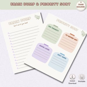 Może przedstawiać: Dwie białe kartki do planowania z tytułami Brain Dump i Priority Sort. Strona Brain Dump zawiera listę z fioletowymi punktami. Strona Priority Sort zawiera cztery kolorowe pola z etykietami Top Priority, I'd Rather Not, Maybe Later oraz Next Week.