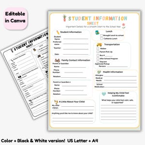 Editable Student Information Sheet, Back to School Parent Contact Form, Emergency and Dismissal Information