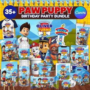 May include: A Paw Puppy birthday party bundle featuring a collection of party supplies including a t-shirt, water bottle labels, party hats, snack bags, and favor boxes, all decorated with cartoon characters and the text Oliver Turns 3.