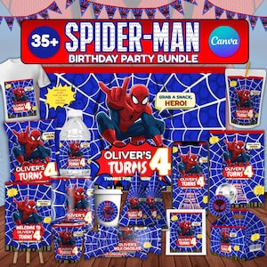 May include: A Spider-Man themed birthday party bundle featuring a large banner, t-shirt, water bottle labels, snack bags, and party favors. All items display the text Oliver's Turns 4, a Spider-Man graphic, and a blue spiderweb pattern.