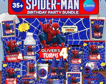 Recuerdos imprimibles para fiesta de cumpleaños de Spider-Man, decoración editable para fiesta de Spider-Man en Canva, invitación, pegatinas, paquete de cumpleaños de Spider-Man