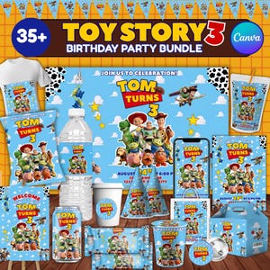 May include: A Toy Story 3 birthday party bundle featuring blue sky and cloud backgrounds with characters like Woody, Buzz Lightyear, and Jessie. The set includes party invitations, water bottle labels, favor boxes, and party hats with the text Tom Turns 3.