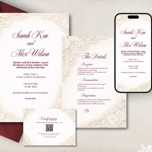 Puede incluir: Conjunto de invitaciones de boda con un diseño crema y detalles de encaje floral. El conjunto incluye invitaciones, tarjetas de detalles, tarjetas RSVP y una maqueta de smartphone, todo con texto burdeos elegante. El diseño es perfecto para una boda formal.