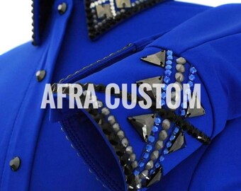 Camisa de exhibición Western azul con negro, equitación, camisa de exhibición para mujer, camisa de exhibición Western