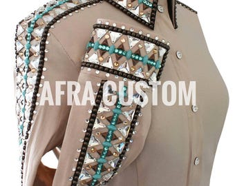 Camisa de exhibición Western Rail en beige con verde azulado y marrón, equitación, camisa de exhibición Rail para mujer, camisa de exhibición Western Rail