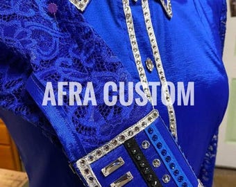 Camisa de exhibición Western azul con plata, equitación, camisa de exhibición para mujer, camisa de exhibición Western