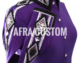 Camisa de exhibición Western Rail en morado con blanco y negro, equitación, camisa de exhibición Rail para mujer, camisa de exhibición Western Rail