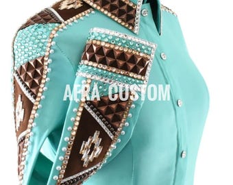 Camisa de exhibición Western Rail en verde azulado con marrón, equitación, camisa de exhibición Rail para mujer, camisa de exhibición Western Rail