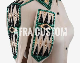 Camisa vaquera beige con negro y verde para espectáculos, equitación, camisa de exhibición para mujer, camisa vaquera para espectáculos