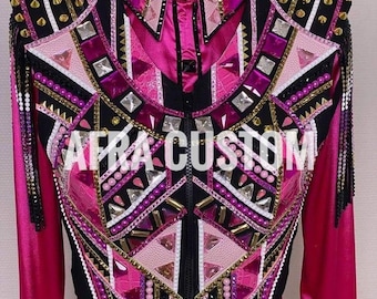 Chaleco de exhibición Western rosa con negro y dorado con camisa de exhibición a juego, equitación, chaleco de exhibición para mujer, combinación de chaleco y camisa de exhibición Western