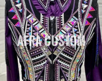 Chaleco de exhibición Western morado con negro y plateado con camisa de exhibición a juego, equitación, chaleco de exhibición para mujer, combinación de chaleco y camisa de exhibición Western