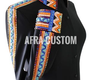 Camisa de exhibición Western Rail negra con azul y naranja, equitación, camisa de exhibición Rail para mujer, camisa de exhibición Western Rail